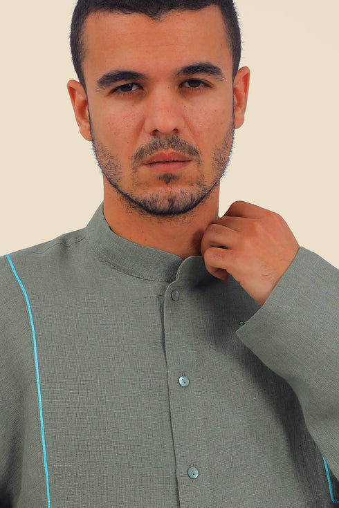 Embroidered linen shirt with button down and stand up collar